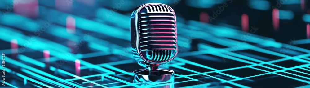 Poster futuristic microphone on a digital background representing ai driven language learning technologies