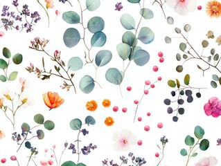 Pressed flowers and eucalyptus leaves on white background; floral design