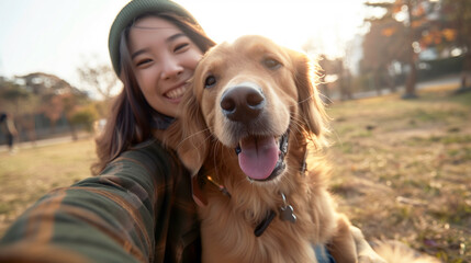 A person taking a selfie with their dog, both smiling and posing for the camera, showcasing the fun and loving bond between pets and owners.
