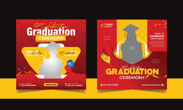 Graduation event greeting social media post education celebration square flyer wishes banner template with photo frame design set	