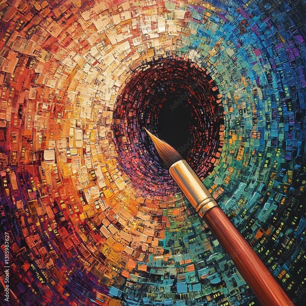 Poster this artwork features a dynamic swirl of colorful squares surrounding a paintbrush, creating a mesme