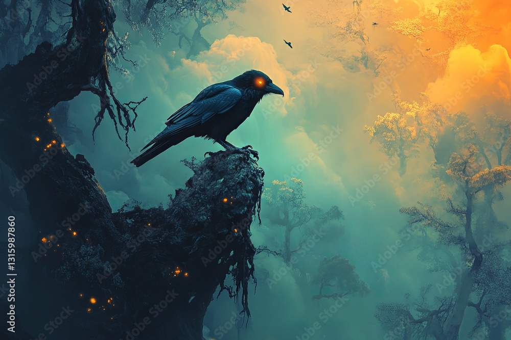 Poster a captivating scene featuring a raven with glowing eyes perched on a branch in an enchanted forest. 