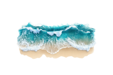 Aerial view of turquoise ocean waves crashing against the shore with foam splashing, capturing the dynamic movement of water under bright sunlight.