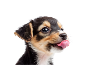 An adorable mixed breed puppy with a patchy coat of tan, black, and white, playfully tilting its head while showing off its tiny pink tongue. The puppy has a joyful and curious demeanor.
