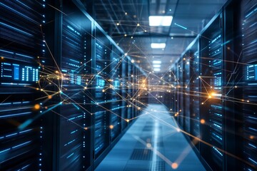 A high-tech data center illuminated by vibrant lights, featuring rows of servers and modern network equipment
