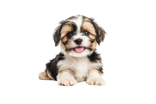 An adorable mixed breed puppy with a patchy coat of tan, black, and white, playfully tilting its head while showing off its tiny pink tongue. The puppy has a joyful and curious demeanor.