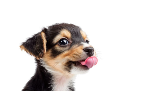 An adorable mixed breed puppy with a patchy coat of tan, black, and white, playfully tilting its head while showing off its tiny pink tongue. The puppy has a joyful and curious demeanor.