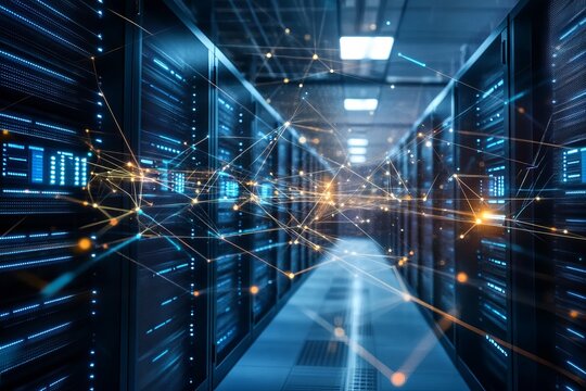 A high-tech data center illuminated by vibrant lights, featuring rows of servers and modern network equipment