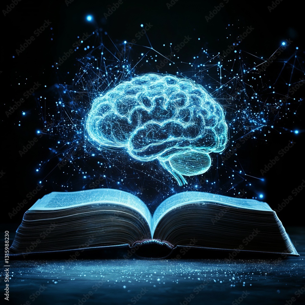 Poster a book is open to a page with a brain on it. the brain is glowing and surrounded by stars. concept o