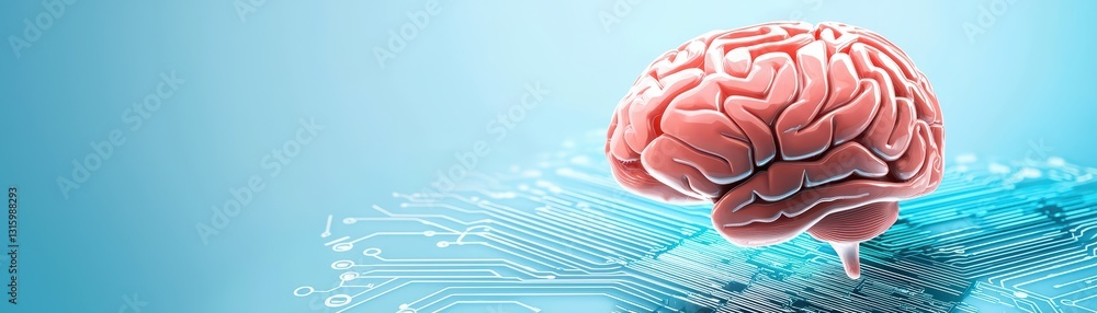 Poster floating brain on digital circuit, concept of artificial intelligence and virtual learning environme