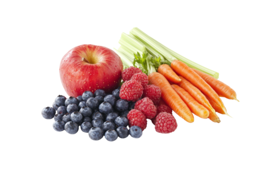 An assortment of fresh berries like strawberries, blueberries, and raspberries, paired with apples, carrots, and a couple of bunches of celery.