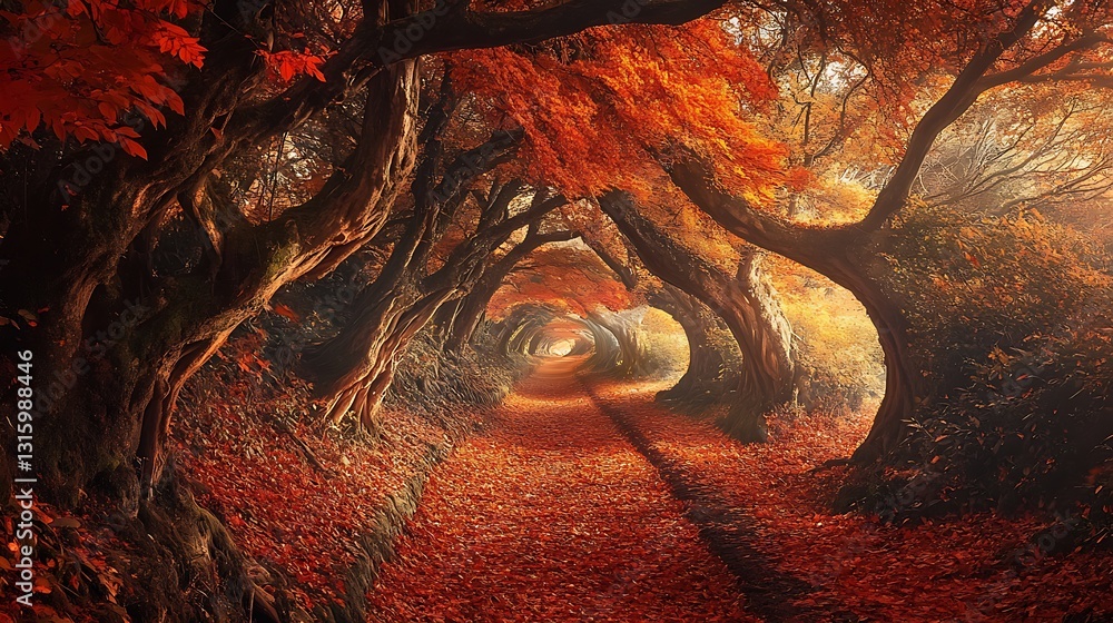 Poster autumnal path through a tunnel of vibrant red and orange trees, sunlight streams through the canopy.