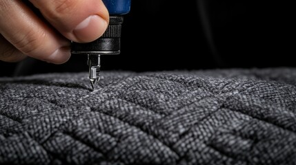 Fototapeta premium Close-up of Hand Holding Tool Crafting Stitching on Gray Quilted Fabric with Intricate Pattern and Texture