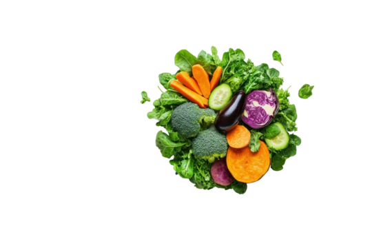An assortment of fresh, colorful organic vegetables like broccoli, sweet potatoes, eggplant, and leafy greens, placed artistically in a circular pattern for a clean, healthy look