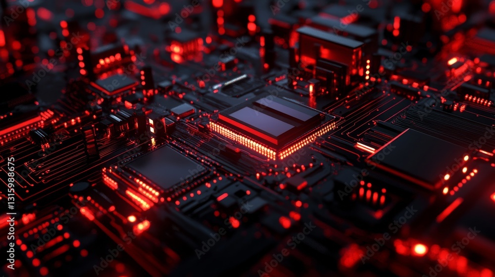 Poster a close up of a computer chip with red lights