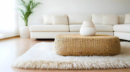 Modern White Living Room With Wicker Coffee Table And Plush Rug