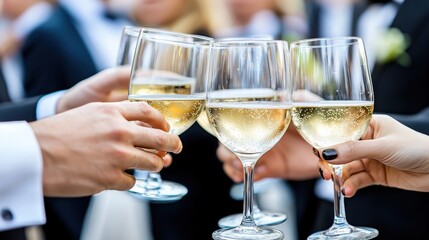 Obraz premium Four hands clinking champagne flutes, celebrating a special occasion. Close-up shot emphasizing the bubbly drink and festive mood.