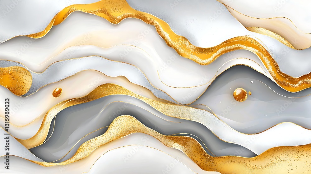 Poster abstract fluid art composition with golden accents and soft white gray curves for elegant background