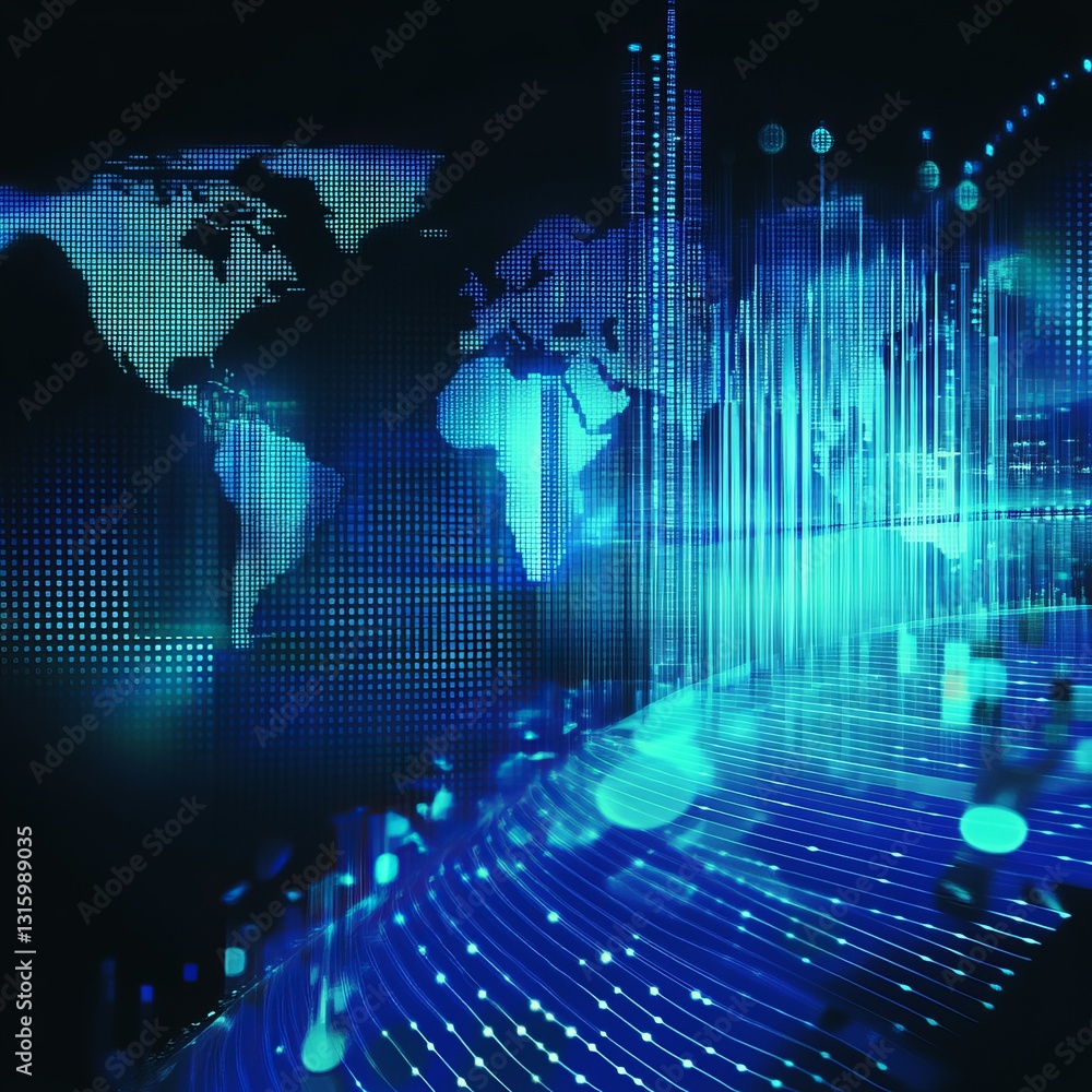 Poster digital world map with glowing data streams and network lines