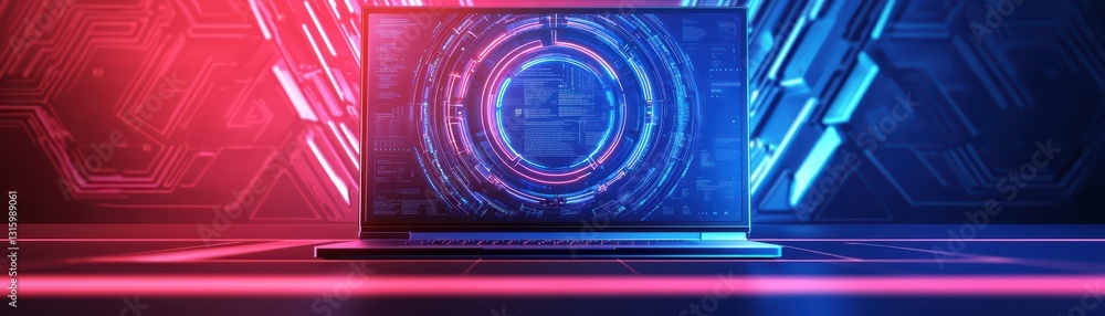 Poster high-tech laptop displaying digital interface in a futuristic learning environment