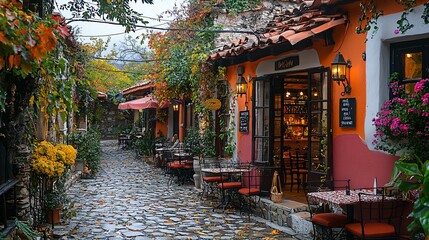 Fototapeta premium Charming cobblestone street lined with vibrant flowers and cozy outdoor cafes in autumn ambiance