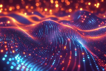 A colorful, abstract image of a wave with a blue and red background. The image has a futuristic, otherworldly feel to it