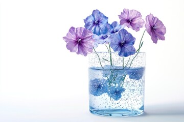 Purple blue flowers vase water bubbles white background