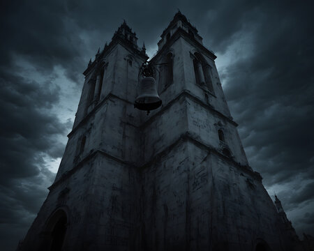 A monolithic bell tower looms over a desolate city, its weathered stone surface covered in cryptic inscriptions.