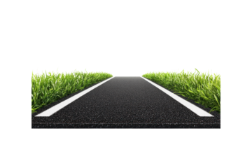 An empty black asphalt road with freshly painted white lane markings, bordered by green grass on both sides, capturing the simplicity and tranquility of a rural highway.