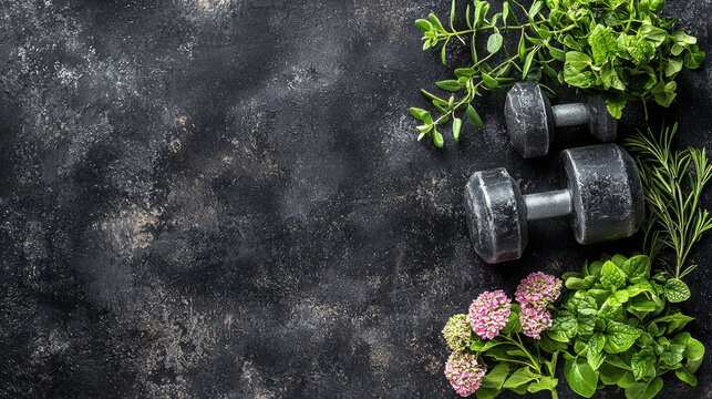 Fresh bunch of herbs beautifully arranged on a black background for a training program focused on nutrition