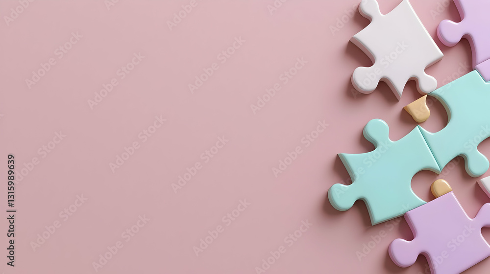 Poster pastel colored jigsaw puzzle pieces on a pink background with copy space for problem solving concept