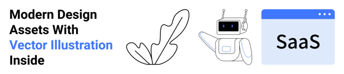 Playful robot icon next to a minimal leaf outline and SaaS browser illustration. Ideal for technology, creativity, software, innovation, digital tools, automation, teamwork, flat landing page banner