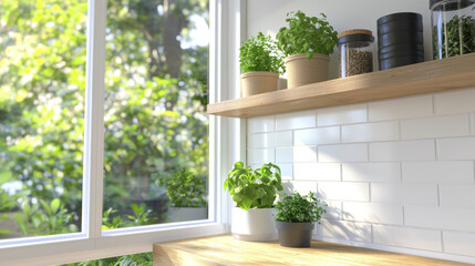 bright kitchen corner with potted herbs and plants on wooden shelf, showcasing fresh and vibrant atmosphere