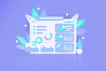 Naklejka premium Data dashboard display, charts, graphs, webpage, purple background, website design