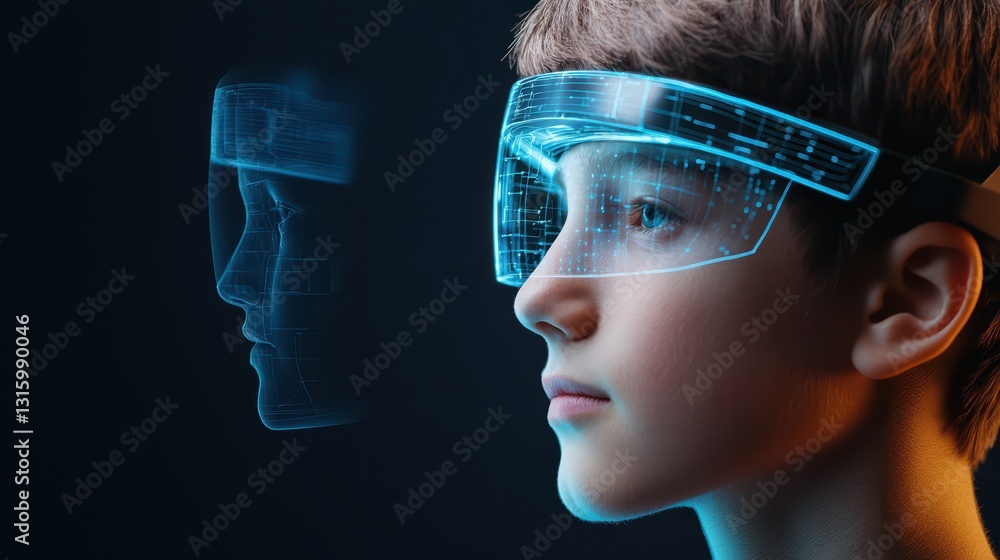 Poster young student with hologram tutor using advanced ai technology for learning experience