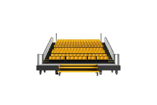 An organized set of yellow tribune seats within a large, open sports stadium, showing symmetry and order in the seating arrangement.