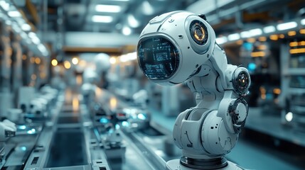 Fototapeta premium Futuristic robot arm on assembly line in factory