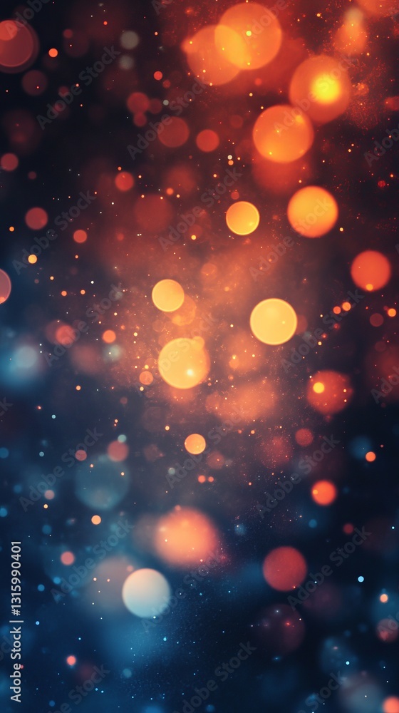 Poster this abstract image features a blurred background with glowing lights in vibrant oranges and blues. 