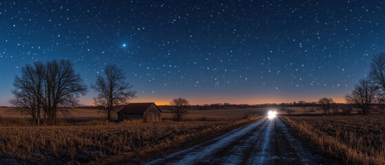 Enchanting rural landscape under a starry night sky with a rustic barn and a distant car on a lonely road