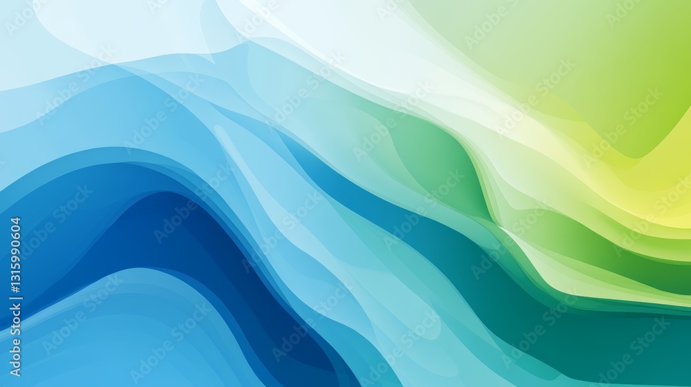 Poster this abstract image features flowing waves of blue and green gradients, creating a serene and tranqu