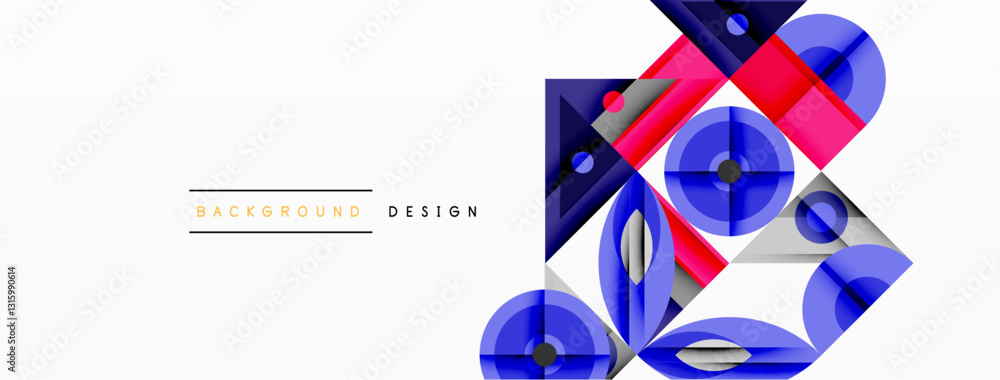 Poster Geometric abstract composition with intersecting shapes, circles, triangles, and gradients, blending vibrant colors and dynamic contrasts to create a modern, futuristic visual design