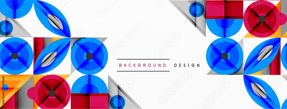 Fototapete Geometric abstract composition with intersecting shapes, circles, triangles, and gradients, blending vibrant colors and dynamic contrasts to create a modern, futuristic visual design