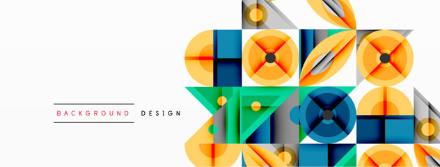 Obraz premium Geometric abstract composition with intersecting shapes, circles, triangles, and gradients, blending vibrant colors and dynamic contrasts to create a modern, futuristic visual design