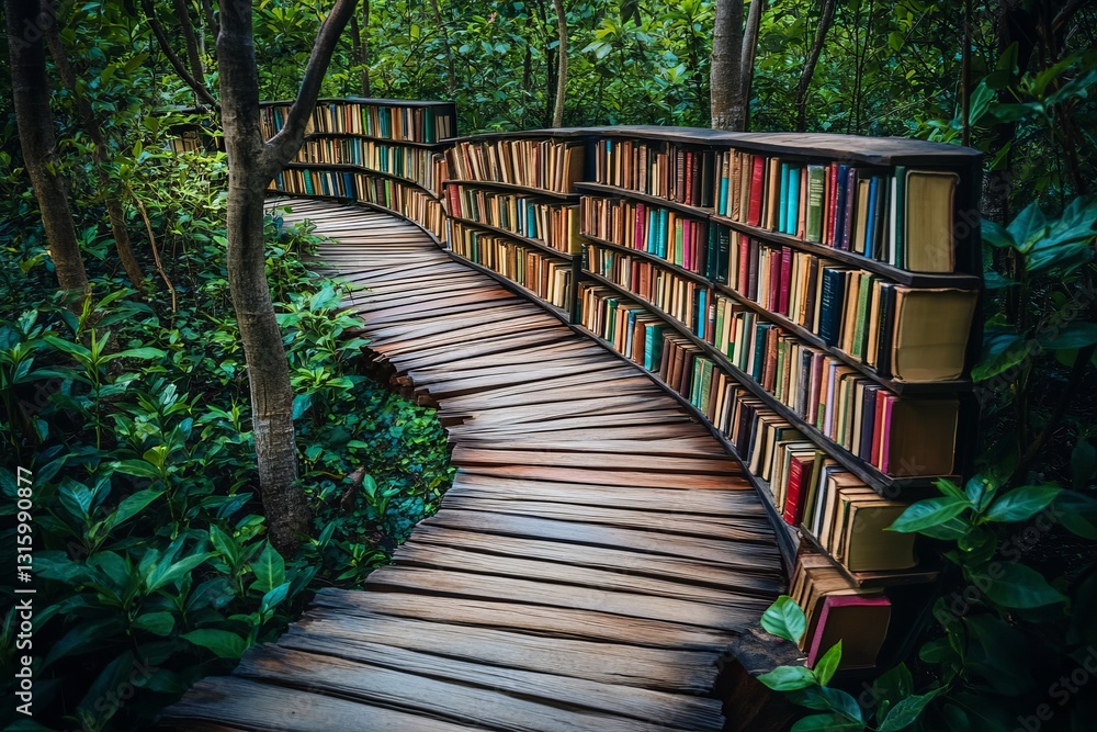 Poster a path made of books leads through a forest. the books are arranged in a way that they appear to be 