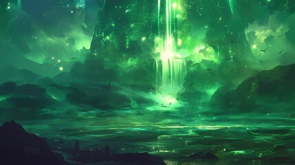 Ethereal Green Waterfall in a Fantasy Landscape