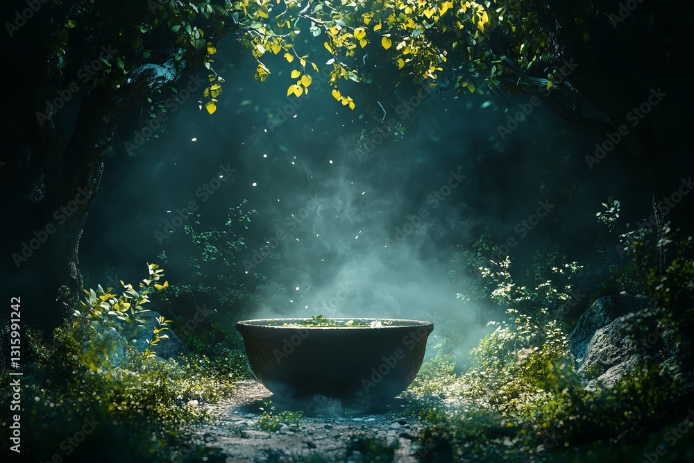 Poster a captivating forest scene featuring a mysterious cauldron surrounded by lush greenery and soft mist