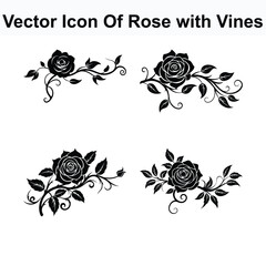 Vector Icon Set of Black Roses with Vines and Leaves for Design Decoration
