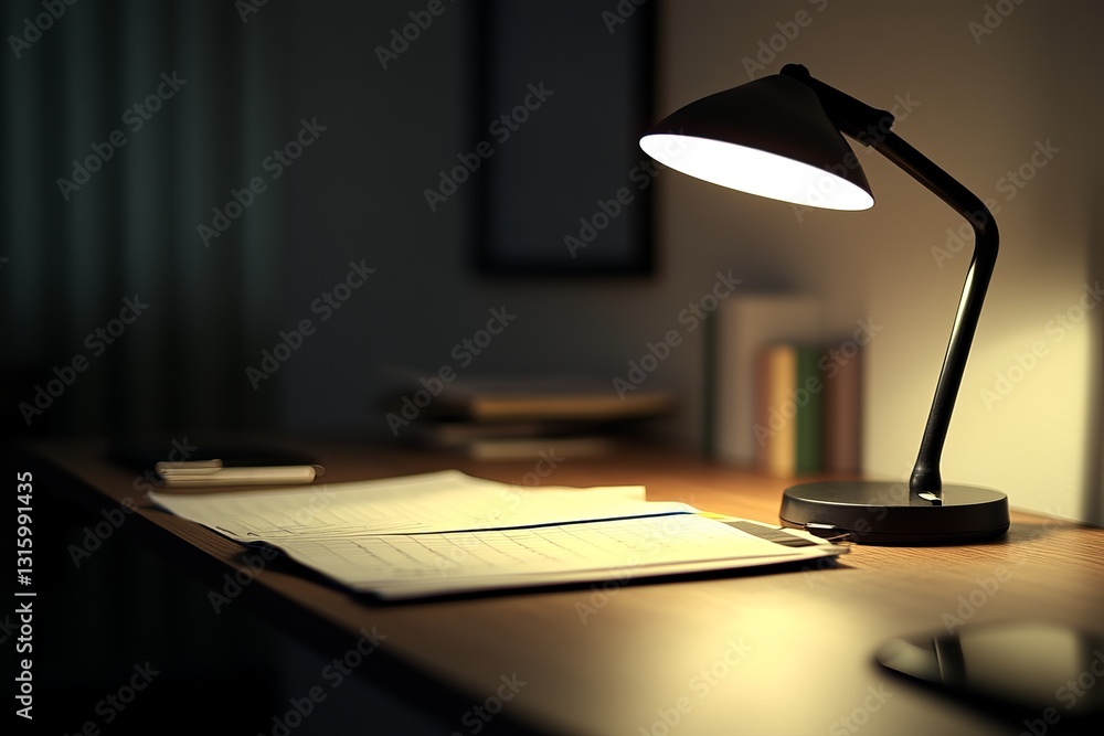 Poster a desk lamp is lit on a table with a notebook and a stack of books. scene is focused and studious, a