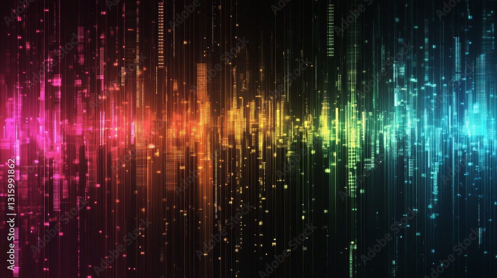 Poster this vibrant abstract graphic features an array of colorful vertical lines, resembling sound waves a