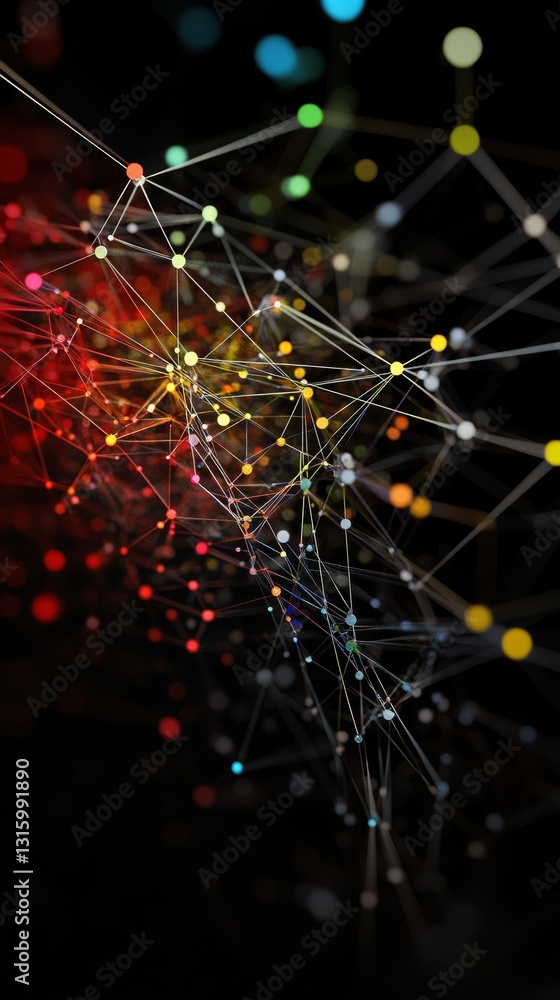 Poster this abstract image features a vibrant geometric network of colorful dots and lines, representing co